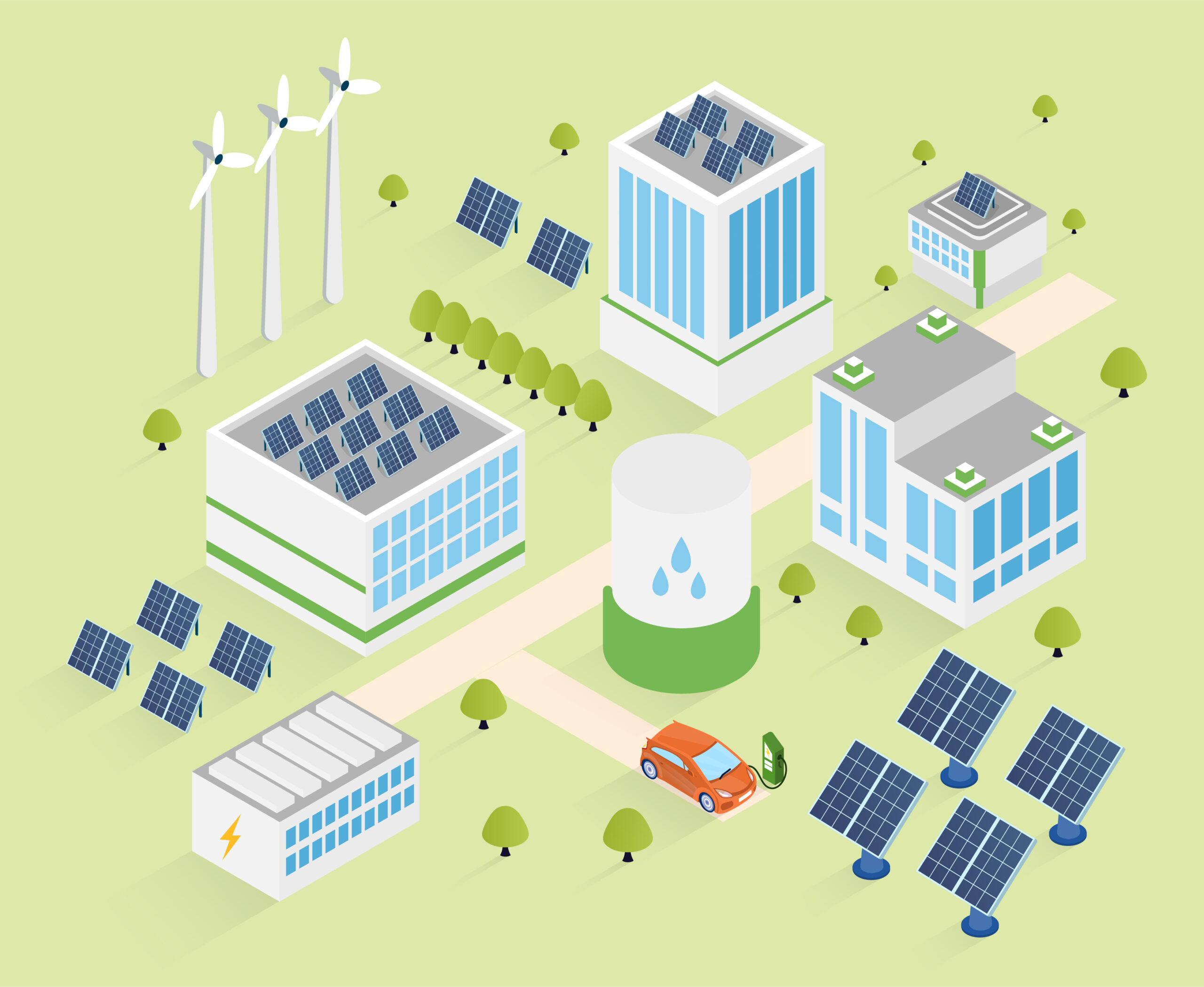 Smart Renewable Energy Power Grid System. Flat Cartoon Vector Illustration Concept Modern Design. Backup Power Energy Storage System. Eco House, Future Energy Effective Technology. Green Background.